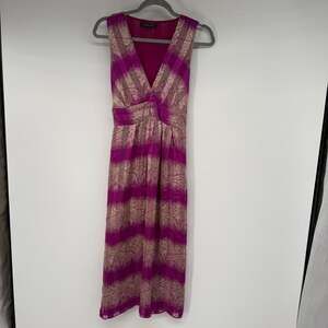Wendy Hil Striped Printed Midi Silk Dress Women's Size 8 Pink V-Neck Parisian